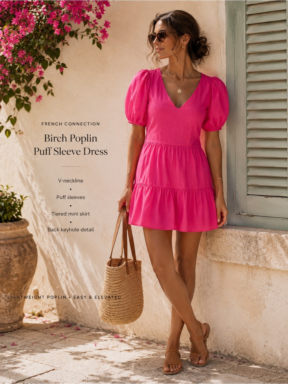 French Connection Ladies Hot Pink Birch Poplin Puff Sleeve Dress (US10)